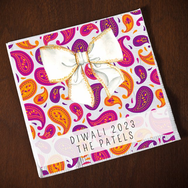 Diwali Paisley White Bow Napkin Pappersservett (Skapare uppladdad)