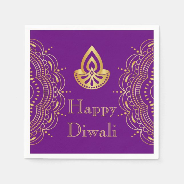 Diwali Pappersservett i Lila & Guld Diya (Framsidan)