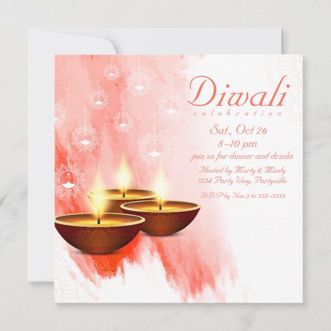 Diwali Red Watercolor med Diyas Inbjudningar (Framsida)