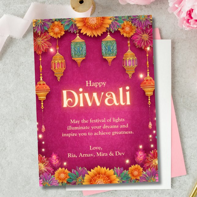 Diwali Rosa Festive Flower Lamp Ljus Hälsning Inbjudningar (Skapare uppladdad)