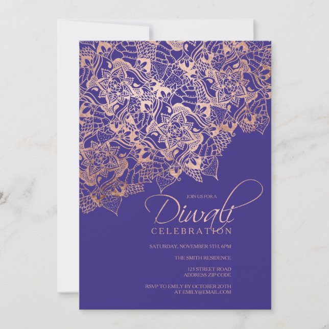 Diwali typography ro guld mandala blue lila inbjudningar (Framsida)