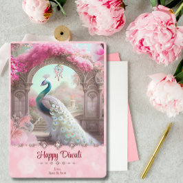 Diwali White Peacock Rosa Blommigt Hälsning Julkort