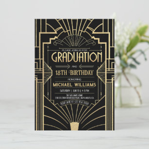 DIY 18:e födelsedag Studenten Art Deco Black Guld Inbjudningar