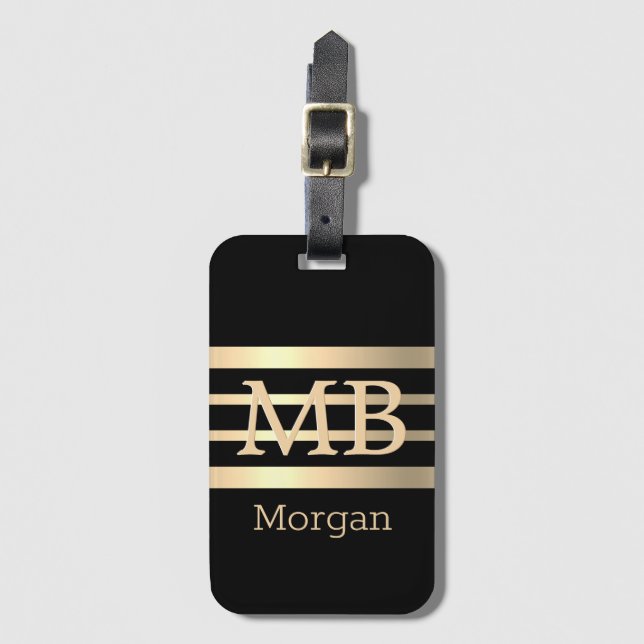 DIY 3-D Guld Monogram/Namn, Bk/Guld Rand, Black Bagagebricka (Framsida vertikal)