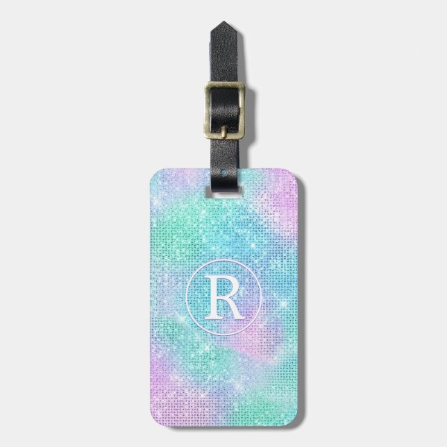 DIY 3- D vit monogramcirkel, Iridescent Gnistra Bagagebricka (Vertikal Framsida)