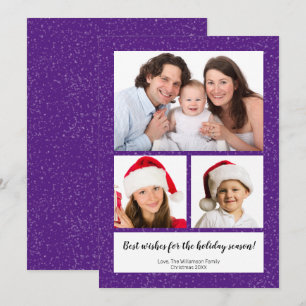 DIY 3 Photo Collage Namn Year Script Lila Snowy Julkort