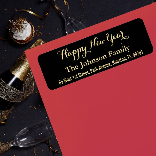 DIY Anpassningsbar Faux Guld Black Gott nytt år Ad Returadress Etikett (DIY Custom Faux Gold Black Happy New Year Address Label)