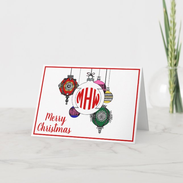 DIY BG Julafton Ornaments Red Circle Monogram-teck Helgkort (Framsida)