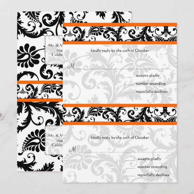 DIY Black Damask Orange OSA bröllopsinbjudan Inbjudningar (Fram/baksida)
