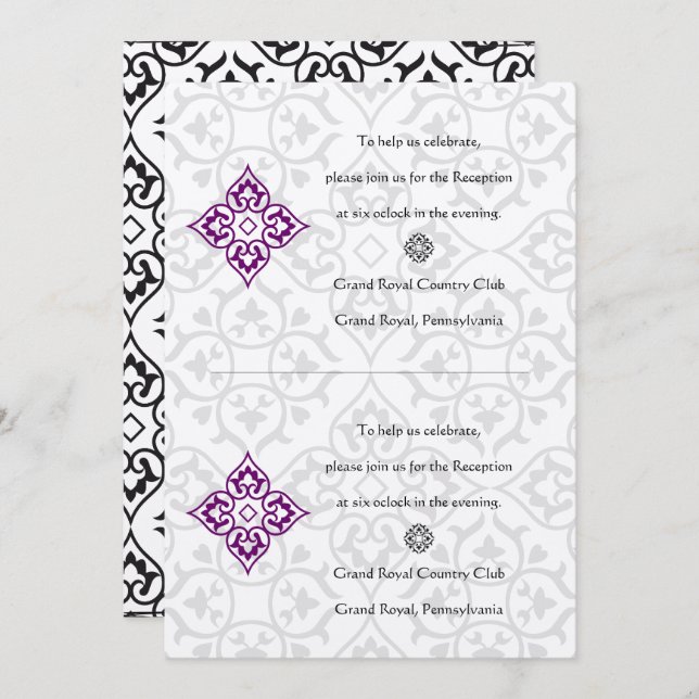 DIY Black Damask Plum Hearests Reception Inbjudningar (Fram/baksida)
