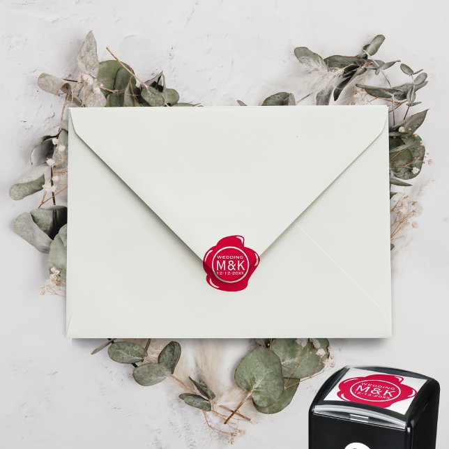 DIY Bröllop Funny Faux Red Vax Seal Monogram Självfärgande Stämpel (A red wax seal style Save the Date self inking stamp with space for your initials and wedding date)