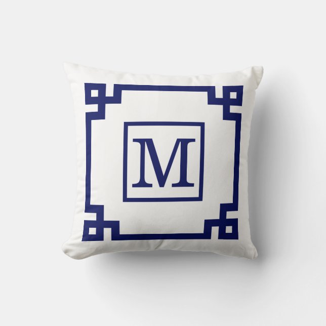 DIY Färg Grekiska Nyckel #2 Framed Monogm Navy Whi Kudde (Framsida)