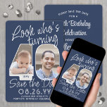 DIY Färg ・ Titta vem som är 40 Födelsedagsfester 2 Spara Datumet<br><div class="desc">Kolla vem som vrider 40! Familjen inbjudan och vänner till en kommande 40-årsdag firande med fotot på anpassningsbarna elegant sparar datuminbjudningarna från festen. Bilder och formuleringar i den här mallen är enkla att anpassa. Den marina blå och vita färgen för bakgrund, text och nummerkonturer kan anpassas med hjälp av Zazzle-designen...</div>