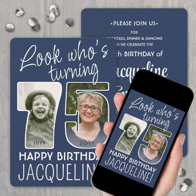 DIY Färg ・ Titta vem som är 75 Födelsedagsfest 2 f Inbjudningar (Skapare uppladdad)