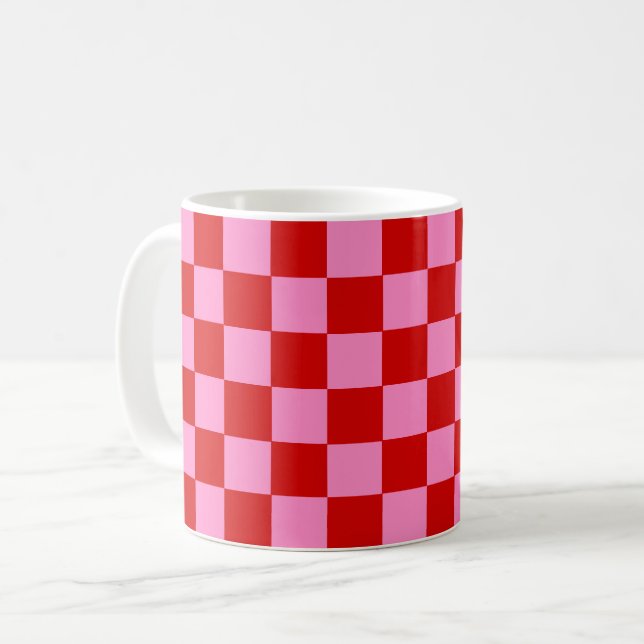 DIY Färger Checker Mönster Röd Het Rosa Kaffemugg (Framsida vänster)