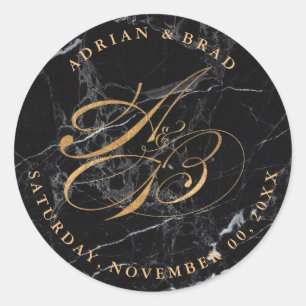 DIY Faux Guld Calligraphy Monogram/Black Marble Runt Klistermärke