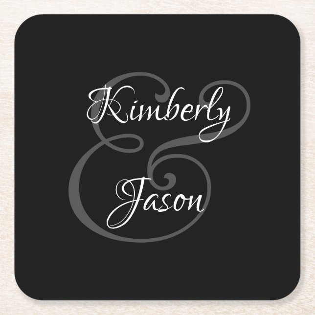 DIY Hans och hennes Namn, Vit och Grått på svart Underlägg Papper Kvadrat (Framsidan)