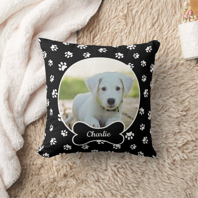 DIY Hund Photo Circle Namn Bone White Tass Black Kudde (Filt)