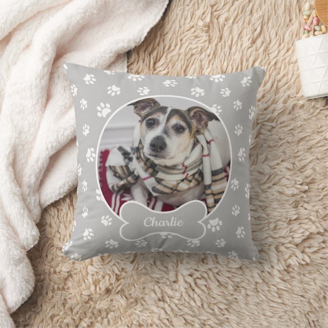 DIY Hund Photo Circle Namn Bone White Tass Grått Kudde (Filt)