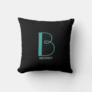 DIY Large Monogram & Namn, Teal/White Text, Black Kudde
