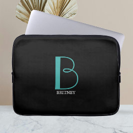 DIY Large Monogram & Namn, Teal/White Text, Black Laptop Fodral