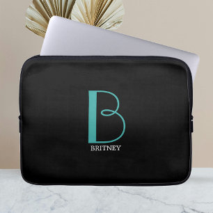 DIY Large Monogram & Namn, Teal/White Text, Black Laptop Fodral