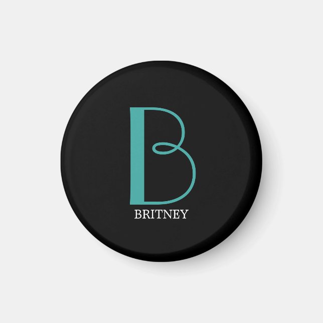 DIY Large Monogram & Namn, Teal/White Text, Black Magnet (Framsidan)