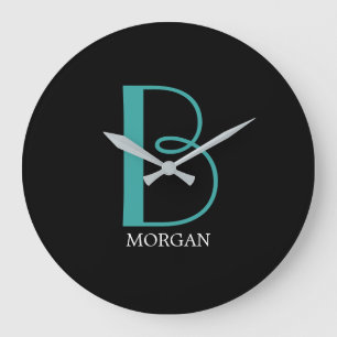 DIY Large Monogram & Namn, Teal/White Text, Black Stor Klocka
