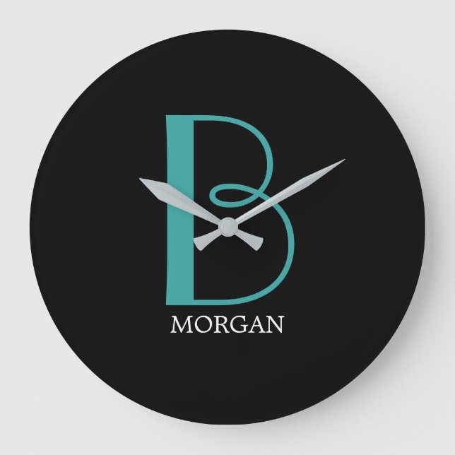 DIY Large Monogram & Namn, Teal/White Text, Black Stor Klocka (Framsida)