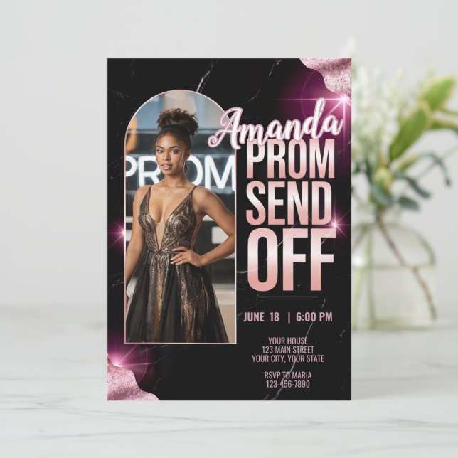 DIY Luxurious Prom Send Off Black Rosa Marble Inbjudningar (Stående Fram)