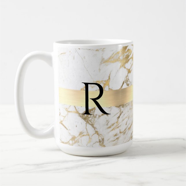 DIY Monogram Black Text, White & Guld Marble Kaffemugg (Vänster)