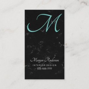 DIY Monogram, Elegant, Svart marmor & Teal Visitkort