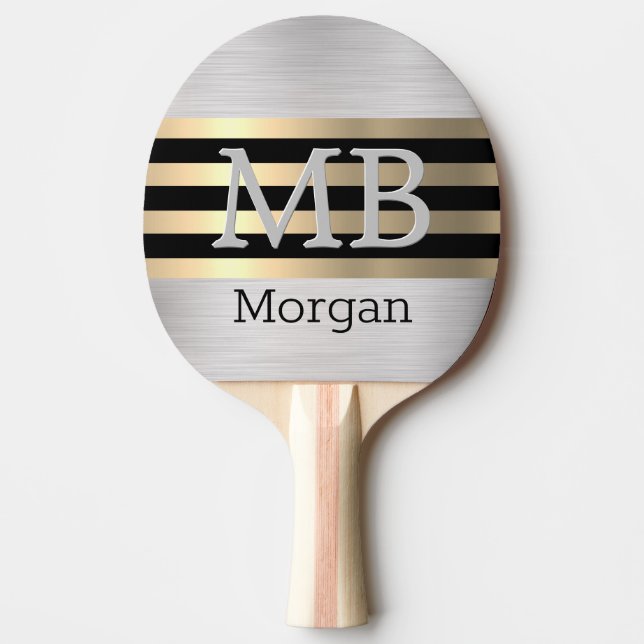 DIY Monogram/Namn, Bk/Guld Rand, Brushed Silver Pingisracket (Framsidan)