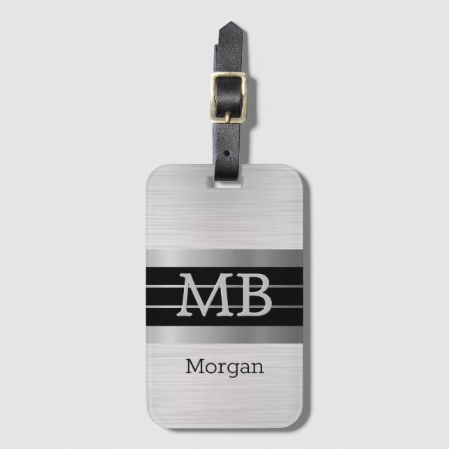 DIY Monogram/Namn Bk/Silver Rand Brushed Silver Bagagebricka (Framsida vertikal)