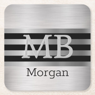 DIY Monogram/Namn Bk/Silver Rand Brushed Silver Underlägg Papper Kvadrat