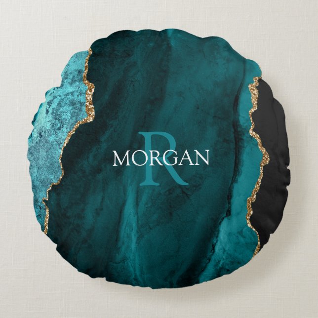 DIY Monogram & Namn, Black Guld & Teal Agate Rund Kudde (Framsidan)