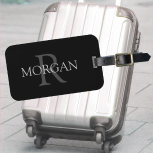 DIY Monogram & Namn, Classic Black med Grått Text Bagagebricka