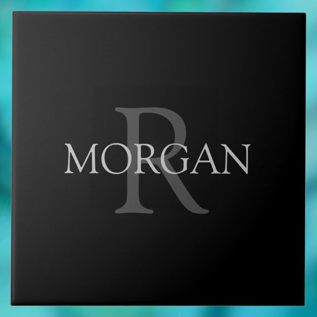 DIY Monogram & Namn, Classic Black med Grått Text Kakelplatta (Skapare uppladdad)