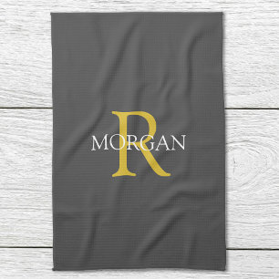 DIY Monogram & Namn, Guld/vit text, Mörk Grått Kökshandduk