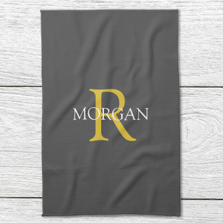 DIY Monogram & Namn, Guld/vit text, Mörk Grått Kökshandduk