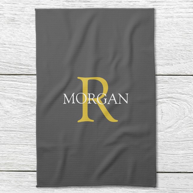 DIY Monogram & Namn, Guld/vit text, Mörk Grått Kökshandduk (Skapare uppladdad)