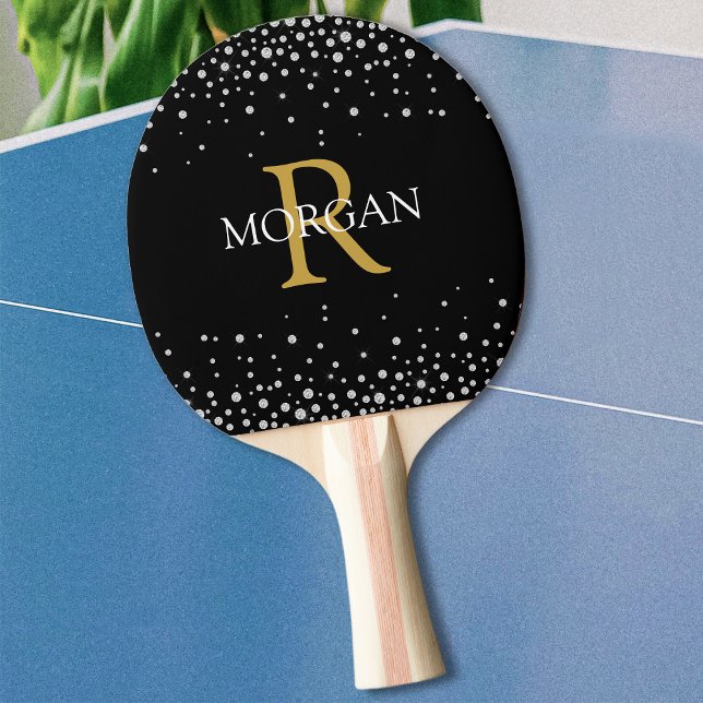 DIY Monogram & Namn Guld & White, Diamonds, Black Pingisracket (Skapare uppladdad)
