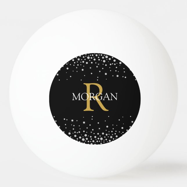 DIY Monogram & Namn Guld/White, Diamonds on Black Pingisboll (Framsidan)