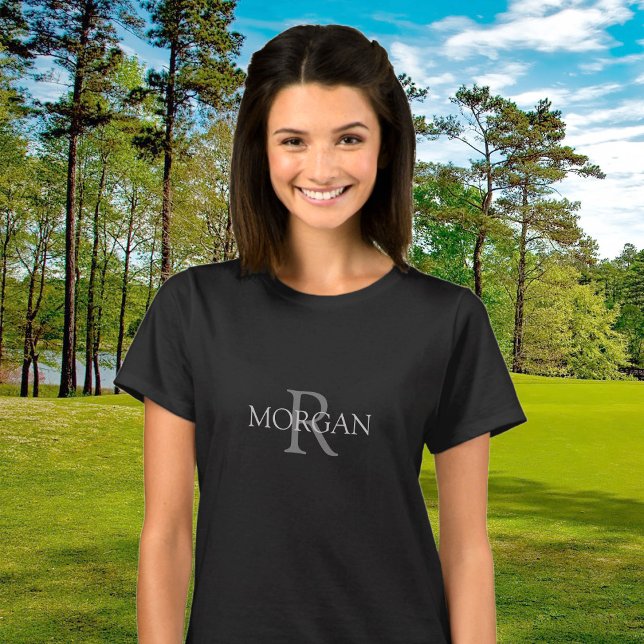 DIY Monogram & Namn, Trendig Black med Grått Text T Shirt (Skapare uppladdad)