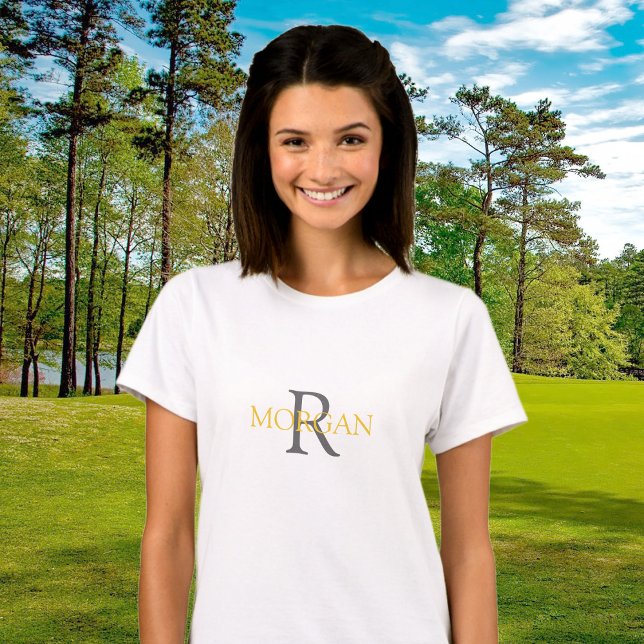 DIY Monogram & Namn, Trendig Guld & Grått Text T Shirt (Skapare uppladdad)