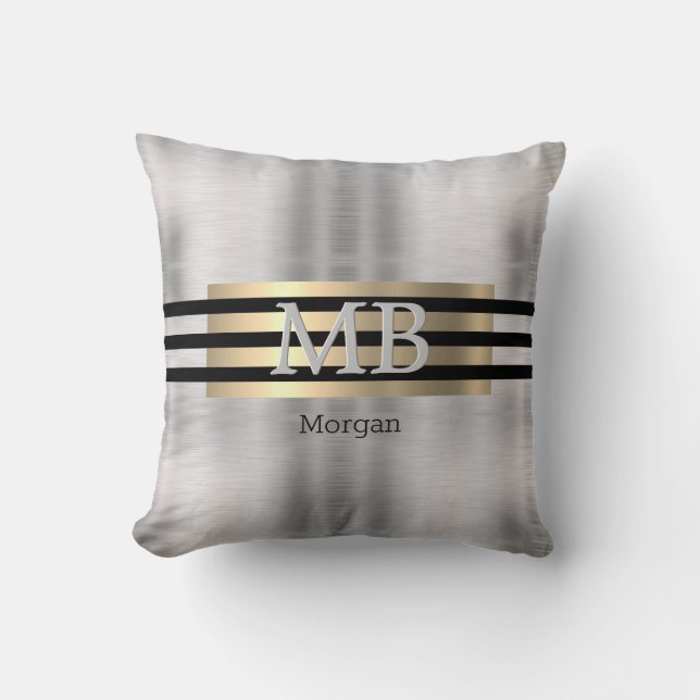DIY Monogram & Namn, Yel Guld Brushed Steel Black Kudde (Framsida)