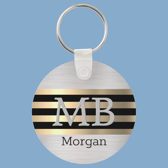 DIY Monogram & Namn, Yel Guld Brushed Steel Black Nyckelring (Skapare uppladdad)