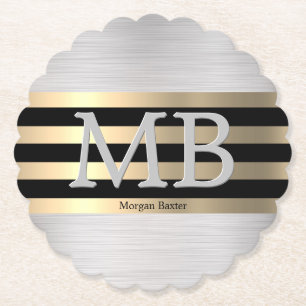 DIY Monogram & Namn, Yel Guld Brushed Steel Black Underlägg Papper
