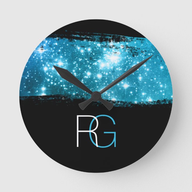 DIY Monogram White & Blue, Stardust Push Stroke Rund Klocka (Framsida)