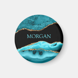 DIY Namn, Black, Guld & Teal Agate Magnet